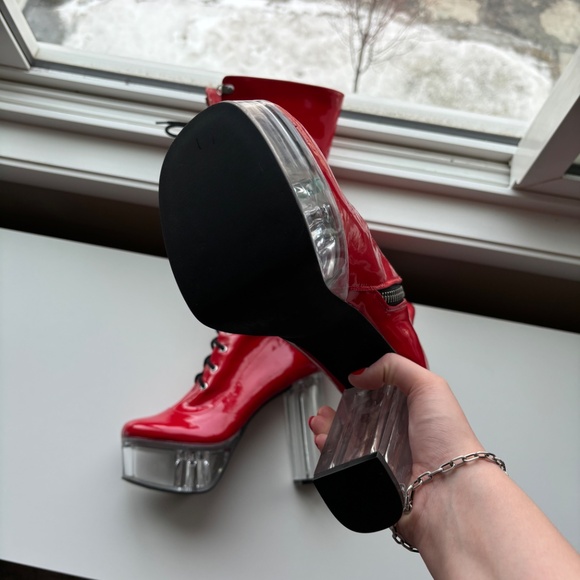 Red Latex Platform Boots - Picture 2 of 3